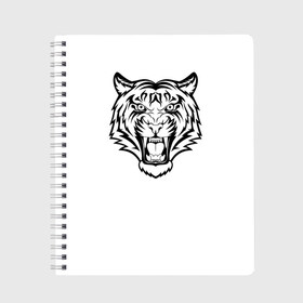 Тетрадь с принтом черно белый тигр в Санкт-Петербурге, 100% бумага | 48 листов, плотность листов — 60 г/м2, плотность картонной обложки — 250 г/м2. Листы скреплены сбоку удобной пружинной спиралью. Уголки страниц и обложки скругленные. Цвет линий — светло-серый
 | год тигра | новый год | полоски | символ 2022 года | тигр | хищьник