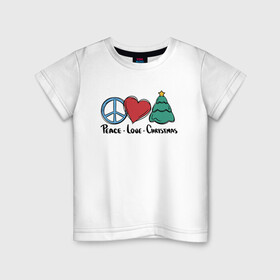 Детская футболка хлопок с принтом Peace Love and Christmas в Санкт-Петербурге, 100% хлопок | круглый вырез горловины, полуприлегающий силуэт, длина до линии бедер | art | christmas | drawing | heart | love | new year | peace | tree | арт | елка | любовь | мир | новый год | рисунок | рождество | сердце