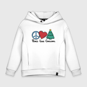 Детское худи Oversize хлопок с принтом Peace Love and Christmas в Санкт-Петербурге, френч-терри — 70% хлопок, 30% полиэстер. Мягкий теплый начес внутри —100% хлопок | боковые карманы, эластичные манжеты и нижняя кромка, капюшон на магнитной кнопке | Тематика изображения на принте: art | christmas | drawing | heart | love | new year | peace | tree | арт | елка | любовь | мир | новый год | рисунок | рождество | сердце