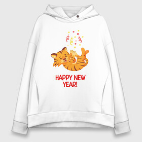 Женское худи Oversize хлопок с принтом Happy New Year Тигренок 2022 в Санкт-Петербурге, френч-терри — 70% хлопок, 30% полиэстер. Мягкий теплый начес внутри —100% хлопок | боковые карманы, эластичные манжеты и нижняя кромка, капюшон на магнитной кнопке | 2022 | год тигра | новый год | новый год 2022 | символ года | тигр | тигренок | тигрица | тигры