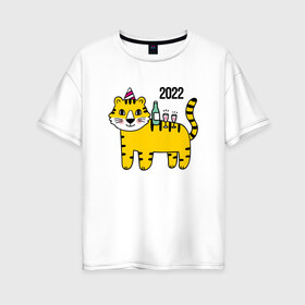 Женская футболка хлопок Oversize с принтом Тигр - новогодний стол в Санкт-Петербурге, 100% хлопок | свободный крой, круглый ворот, спущенный рукав, длина до линии бедер
 | 2022 | год тигра | новый год | новый год 2022 | символ года | тигр | тигренок | тигрица | тигры