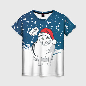 Женская футболка 3D с принтом НОВОГОДНИЙ КОТ БЕНДЕР (МЕМ) в Санкт-Петербурге, 100% полиэфир ( синтетическое хлопкоподобное полотно) | прямой крой, круглый вырез горловины, длина до линии бедер | 2022 | 22 | bender | cat | christmas | meme | memes | meow | merry | new | snow | winter | year | бендер | год | зима | кот | кошка | мем | мемы | мяй | новый | рождество | снег | толстый