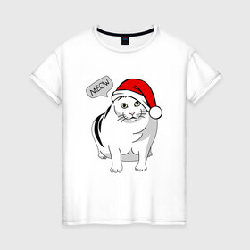 Женская футболка хлопок с принтом НОВОГОДНИЙ КОТ БЕНДЕР МЕМ в Санкт-Петербурге, 100% хлопок | прямой крой, круглый вырез горловины, длина до линии бедер, слегка спущенное плечо | 2022 | 22 | bender | cat | christmas | meme | memes | meow | merry | new | snow | winter | year | бендер | год | зима | кот | кошка | мем | мемы | мяй | новый | рождество | снег | толстый