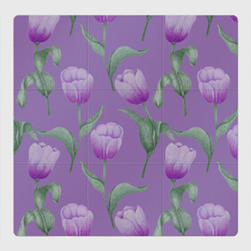 Магнитный плакат 3Х3 с принтом Фиолетовые тюльпаны с зелеными листьями в Санкт-Петербурге, Полимерный материал с магнитным слоем | 9 деталей размером 9*9 см | 8 марта | flowers | leaves | nature | tulips | ботаническая иллюстрация | день рождения | зеленый | листья | природа | растения | тюльпаны | фиолетовый | цветы