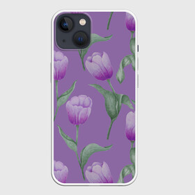 Чехол для iPhone 13 с принтом Фиолетовые тюльпаны с зелеными листьями в Санкт-Петербурге,  |  | 8 марта | flowers | leaves | nature | tulips | ботаническая иллюстрация | день рождения | зеленый | листья | природа | растения | тюльпаны | фиолетовый | цветы