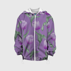 Детская куртка 3D с принтом Фиолетовые тюльпаны с зелеными листьями в Санкт-Петербурге, 100% полиэстер | застежка — молния, подол и капюшон оформлены резинкой с фиксаторами, по бокам — два кармана без застежек, один потайной карман на груди, плотность верхнего слоя — 90 г/м2; плотность флисового подклада — 260 г/м2 | 8 марта | flowers | leaves | nature | tulips | ботаническая иллюстрация | день рождения | зеленый | листья | природа | растения | тюльпаны | фиолетовый | цветы