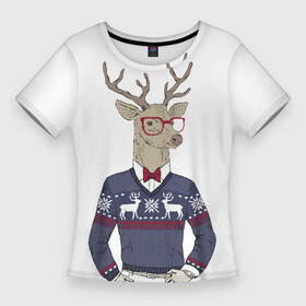 Женская футболка 3D Slim с принтом Олень в свитере 2022 в Санкт-Петербурге,  |  | год | декабрь | зима | новый | одень | праздник | узор