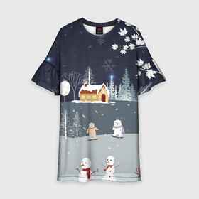 Детское платье 3D с принтом Снеговики и Мишки 2022 в Санкт-Петербурге, 100% полиэстер | прямой силуэт, чуть расширенный к низу. Круглая горловина, на рукавах — воланы | 2022 | год | дед | дети | зима | коньки | мишки | мороз | новый | праздники | радость | рождество | санки | санта | снег | снеговик | счастливого