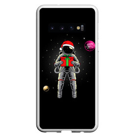 Чехол для Samsung Galaxy S10 с принтом Астронавт с подарком Astronaut and Gift в Санкт-Петербурге, Силикон | Область печати: задняя сторона чехла, без боковых панелей | space | астронавт | дед мороз | звезда | космонавт | космос | новый год | планета | подарок | рождество | санта