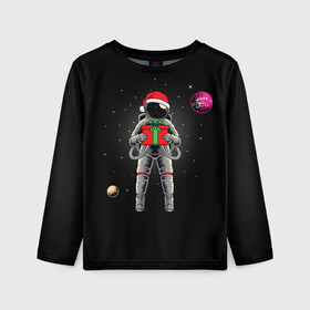 Детский лонгслив 3D с принтом Астронавт с подарком Astronaut and Gift в Санкт-Петербурге, 100% полиэстер | длинные рукава, круглый вырез горловины, полуприлегающий силуэт
 | space | астронавт | дед мороз | звезда | космонавт | космос | новый год | планета | подарок | рождество | санта