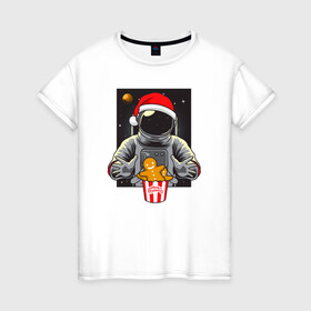 Женская футболка хлопок с принтом Космонавт и Новогоднее печенье Cosmonaut and cookies в Санкт-Петербурге, 100% хлопок | прямой крой, круглый вырез горловины, длина до линии бедер, слегка спущенное плечо | space | астронавт | дед мороз | звезда | космонавт | космос | новый год | планета | подарок | рождество | санта