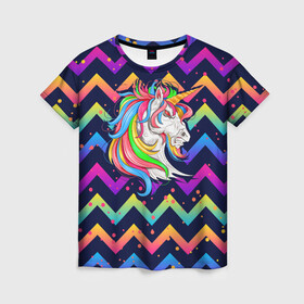 Женская футболка 3D с принтом Cерьезный Единорог Frowning Unicorn в Санкт-Петербурге, 100% полиэфир ( синтетическое хлопкоподобное полотно) | прямой крой, круглый вырез горловины, длина до линии бедер | angry | neon | unicorn | единорог | злой | кислотный | конь | лошадь | неон | пони | радуга | радужный | сердитый | серьезный | хмурый | юникорн