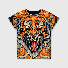 Детская футболка 3D с принтом Символ года тигр в гневе в Санкт-Петербурге, 100% гипоаллергенный полиэфир | прямой крой, круглый вырез горловины, длина до линии бедер, чуть спущенное плечо, ткань немного тянется | 2022 | большая кошка | животное | новый год | символ года | тигр | хищник