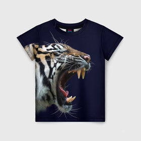 Детская футболка 3D с принтом Оскал тигра | Большая кошка в Санкт-Петербурге, 100% гипоаллергенный полиэфир | прямой крой, круглый вырез горловины, длина до линии бедер, чуть спущенное плечо, ткань немного тянется | 2022 | big teeth | fangs | grin | tiger | tigr | tigris | большая кошка | большие зубы | клыки | новый год | оскалиться | острые клыки | полосатая кошка | скалить | скалить зубы | тигр