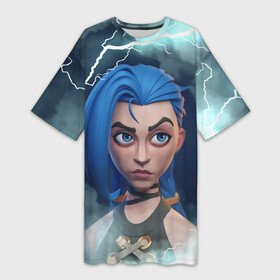 Платье-футболка 3D с принтом BLUE JINX  ARCANE в Санкт-Петербурге,  |  | arcane | arcane league of legends | cartoon | jinx | league of legends | mult | stim punk | stimpunk | аркеин | аркейн | джинкс | мульт | мультик | паудер | порох | психопатка | синеголовая | синий хвост | стим панк | стимпанк