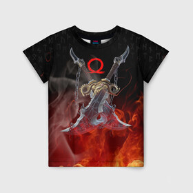 Детская футболка 3D с принтом МЕЧИ КРАТОСА, БОГ ВОЙНЫ в Санкт-Петербурге, 100% гипоаллергенный полиэфир | прямой крой, круглый вырез горловины, длина до линии бедер, чуть спущенное плечо, ткань немного тянется | ascension | betrayal | chains of olympus | cratos | fire | flame | ghost of sparta | god of war | hack and slash | kratos | logo | ragnarok | rune | бог войны | год ов вар | год оф вар | игра | иероглифы | кратос | лого | логотип | огонь | пламя | рагнарё