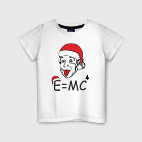 Детская футболка хлопок с принтом Новогодний Эйнштейн в Санкт-Петербурге, 100% хлопок | круглый вырез горловины, полуприлегающий силуэт, длина до линии бедер | альберт эйнштейн | елка | ель | новогодний колпак | новогодний эйнштейн | новый год | прикол | рождество | формула | формула относительности | язык