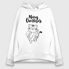 Женское худи Oversize хлопок с принтом Merry Christmas Тигр с Шампанским. в Санкт-Петербурге, френч-терри — 70% хлопок, 30% полиэстер. Мягкий теплый начес внутри —100% хлопок | боковые карманы, эластичные манжеты и нижняя кромка, капюшон на магнитной кнопке | 2022 | happy new year | merry christmas | год тигра | зима близко | нг | новогодний | новогодний тигр | новый год | новый год 2022 | праздник | рождество | символ 2022 года | тигр