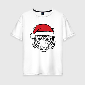 Женская футболка хлопок Oversize с принтом Тигр в новогодней шапке. в Санкт-Петербурге, 100% хлопок | свободный крой, круглый ворот, спущенный рукав, длина до линии бедер
 | 2022 | happy new year | merry christmas | год тигра | зима близко | нг | новогодний | новогодний тигр | новый год | новый год 2022 | праздник | рождество | символ 2022 года | тигр