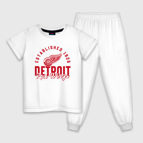 Детская пижама хлопок с принтом Detroit Red Wings | Детройт Ред Вингз в Санкт-Петербурге, 100% хлопок |  брюки и футболка прямого кроя, без карманов, на брюках мягкая резинка на поясе и по низу штанин
 | Тематика изображения на принте: detroit | hockey | ice | nhl | red | sport | team | wings | winter | вингз | детройт | красные | крылья | лед | нхл | ред | спорт | хоккеей | шайбу