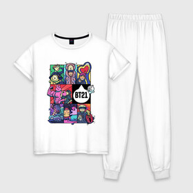 Женская пижама хлопок с принтом BT21 POP ART в Санкт-Петербурге, 100% хлопок | брюки и футболка прямого кроя, без карманов, на брюках мягкая резинка на поясе и по низу штанин | Тематика изображения на принте: bangtan | beyond | boys | boysband | bts | hip hop | k pop | korea | music | pop art | scene | бтс | ви | джонгук | корея | музыка | поп арт | сюга | хип хоп | чимин | чин