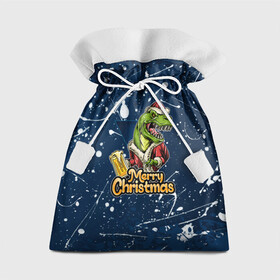 Подарочный 3D мешок с принтом Merry Christmas Пивозавр. в Санкт-Петербурге, 100% полиэстер | Размер: 29*39 см | 2022 | happy new year | merry christmas | год тигра | дино | динозавр | зима близко | нг | новогодний | новый год | новый год 2022 | рождество | снежинки | тигр