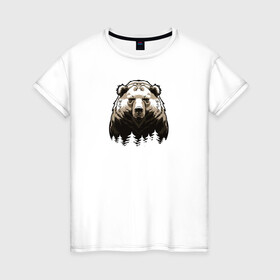 Женская футболка хлопок с принтом Медведь над лесом в Санкт-Петербурге, 100% хлопок | прямой крой, круглый вырез горловины, длина до линии бедер, слегка спущенное плечо | bear | the owner of the taiga | медведь | русский медведь | хозяин тайги