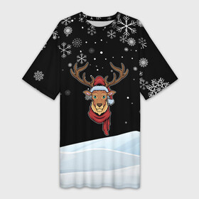Платье-футболка 3D с принтом Новогодний олень в зимнем шарфе в Санкт-Петербурге,  |  | 2022 | happy new year | merry christmas | год тигра | зима близко | нг | новогодний | новый год | новый год 2022 | олень | рождество | символ 2022 года | снег | снежинки