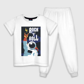 Детская пижама хлопок с принтом Space Rocknroll в Санкт-Петербурге, 100% хлопок |  брюки и футболка прямого кроя, без карманов, на брюках мягкая резинка на поясе и по низу штанин
 | Тематика изображения на принте: astronaut | gesture | music | rocknroll | space | spacesuit | жест | космонавт | космос | музыка | скафандр
