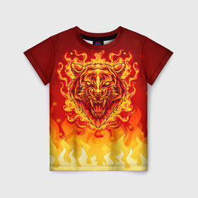 Детская футболка 3D с принтом Огненный тигр в пламени в Санкт-Петербурге, 100% гипоаллергенный полиэфир | прямой крой, круглый вырез горловины, длина до линии бедер, чуть спущенное плечо, ткань немного тянется | огонь | пламя | символ года | тигр | хищник