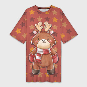 Платье-футболка 3D с принтом Милый олень в звездах в Санкт-Петербурге,  |  | животное | звезды | олень | олень в шарфе | рога