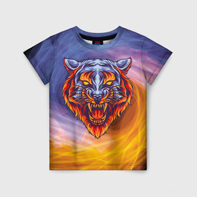 Детская футболка 3D с принтом Тигр в водно-огненной стихии в Санкт-Петербурге, 100% гипоаллергенный полиэфир | прямой крой, круглый вырез горловины, длина до линии бедер, чуть спущенное плечо, ткань немного тянется | вода | огонь | символ года | стихия | тигр | хищник