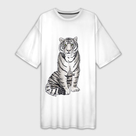 Платье-футболка 3D с принтом Сидящая белая тигрица в Санкт-Петербурге,  |  | tiger | tigress | white tiger | белый тигр | символ 2022 | тигр сидит | тигрца
