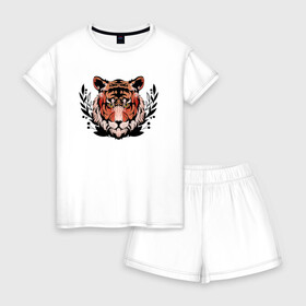 Женская пижама с шортиками хлопок с принтом Рыжий тигр в траве в Санкт-Петербурге, 100% хлопок | футболка прямого кроя, шорты свободные с широкой мягкой резинкой | 2022 год | tigr | toger | год тигра | новый год 2022 | новый год тигра | тигр | тигра | тигрёнок