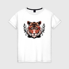 Женская футболка хлопок с принтом Рыжий тигр в траве в Санкт-Петербурге, 100% хлопок | прямой крой, круглый вырез горловины, длина до линии бедер, слегка спущенное плечо | 2022 год | tigr | toger | год тигра | новый год 2022 | новый год тигра | тигр | тигра | тигрёнок