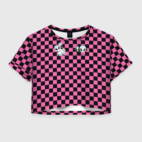 Женская футболка Crop-top 3D с принтом Инопланетянин в черно розовую клетку в Санкт-Петербурге, 100% полиэстер | круглая горловина, длина футболки до линии талии, рукава с отворотами | егор | егор шип | инопланетянин | клетка | любимый трек | розовый | черно розовая | черный | шип