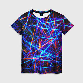 Женская футболка 3D с принтом NEON LINES Glowing Lines Effect в Санкт-Петербурге, 100% полиэфир ( синтетическое хлопкоподобное полотно) | прямой крой, круглый вырез горловины, длина до линии бедер | Тематика изображения на принте: rave neon | живые линии | неновые лучи | неон | неоновая лампа | неоновая ночь | неоновые ленты | неоновые линии разных цветов | неоновый рейв | светящиеся линии | флекс неон | эффект неона