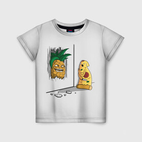 Детская футболка 3D с принтом HERES PINEAPPLE в Санкт-Петербурге, 100% гипоаллергенный полиэфир | прямой крой, круглый вырез горловины, длина до линии бедер, чуть спущенное плечо, ткань немного тянется | Тематика изображения на принте: here | is | johnny | mem | meme | memes | pineapple | pizza | shining | ананас | джонни | мем | мемы | пица | пицца | сияние | это