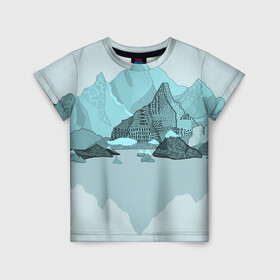 Детская футболка 3D с принтом Голубой горный пейзаж с темно-серыми тенями в Санкт-Петербурге, 100% гипоаллергенный полиэфир | прямой крой, круглый вырез горловины, длина до линии бедер, чуть спущенное плечо, ткань немного тянется | Тематика изображения на принте: голубые горы | горный | горный массив | горный пейзаж | горы | горы в снегу | для сноуборда | для туристов | заснеженные горы | зимние горы | зимний | лыжный | снежные горы | сноуборд