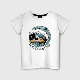 Детская футболка хлопок с принтом Fuerteventura   surfing в Санкт-Петербурге, 100% хлопок | круглый вырез горловины, полуприлегающий силуэт, длина до линии бедер | Тематика изображения на принте: fin | furteventura | hype | shark | skull | summer | surfing | wave | акула | волна | лето | плавник | сёрфинг | фуэртевентура | хайп | череп