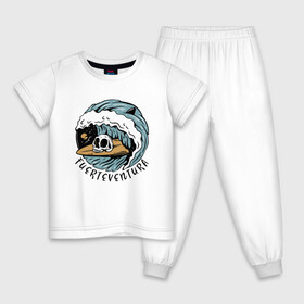 Детская пижама хлопок с принтом Fuerteventura - surfing в Санкт-Петербурге, 100% хлопок |  брюки и футболка прямого кроя, без карманов, на брюках мягкая резинка на поясе и по низу штанин
 | Тематика изображения на принте: fin | furteventura | hype | shark | skull | summer | surfing | wave | акула | волна | лето | плавник | сёрфинг | фуэртевентура | хайп | череп