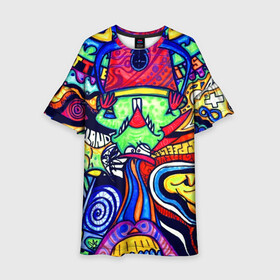 Детское платье 3D с принтом ПСИХОДЕЛЛА в Санкт-Петербурге, 100% полиэстер | прямой силуэт, чуть расширенный к низу. Круглая горловина, на рукавах — воланы | Тематика изображения на принте: абстракция | пестрый | психоделика | цветной | яркий