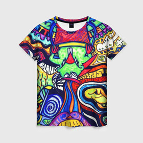 Женская футболка 3D с принтом ПСИХОДЕЛЛА в Санкт-Петербурге, 100% полиэфир ( синтетическое хлопкоподобное полотно) | прямой крой, круглый вырез горловины, длина до линии бедер | абстракция | пестрый | психоделика | цветной | яркий