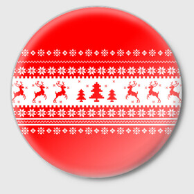 Значок с принтом КРАСНО-БЕЛЫЙ СВИТЕР С ОЛЕНЯМИ в Санкт-Петербурге,  металл | круглая форма, металлическая застежка в виде булавки | 2020 | 2021 | 2022 | christmas | merry | белый | красный | леденец | нг | новогодний | новый год | олени | рождество | свитер | узоры