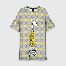 Детское платье 3D с принтом Милая жирафа в шарфе в Санкт-Петербурге, 100% полиэстер | прямой силуэт, чуть расширенный к низу. Круглая горловина, на рукавах — воланы | Тематика изображения на принте: высокий | графика | длинная шея | животное | жираф | кружочки