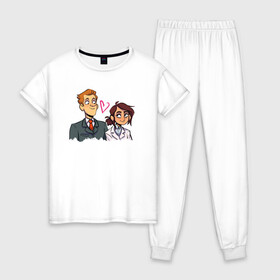 Женская пижама хлопок с принтом Бретт & Рейган в Санкт-Петербурге, 100% хлопок | брюки и футболка прямого кроя, без карманов, на брюках мягкая резинка на поясе и по низу штанин | девушка | инженер | парень | персонажи | сотридник