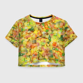 Женская футболка Crop-top 3D с принтом Оливье в Санкт-Петербурге, 100% полиэстер | круглая горловина, длина футболки до линии талии, рукава с отворотами | вкусняшка | еда | новогодние салатики | новый год | оливье | оливьешечка | оливьешка | салат | салатики | фон