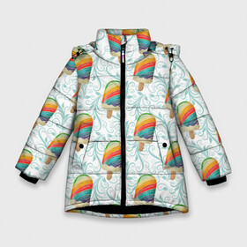 Зимняя куртка для девочек 3D с принтом разноцветное мороженое паттерном в Санкт-Петербурге, ткань верха — 100% полиэстер; подклад — 100% полиэстер, утеплитель — 100% полиэстер. | длина ниже бедра, удлиненная спинка, воротник стойка и отстегивающийся капюшон. Есть боковые карманы с листочкой на кнопках, утяжки по низу изделия и внутренний карман на молнии. 

Предусмотрены светоотражающий принт на спинке, радужный светоотражающий элемент на пуллере молнии и на резинке для утяжки. | Тематика изображения на принте: ice | мороженое | мороженое на палочке | паттерн | сладости