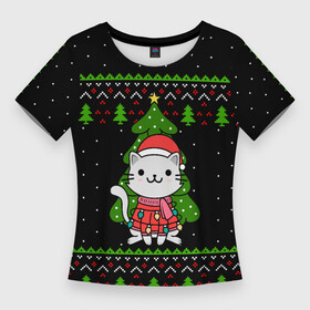 Женская футболка 3D Slim с принтом КОТЁНОК И ЁЛОЧКА  НОВОГОДНЯЯ в Санкт-Петербурге,  |  | 2020 | 2021 | 2022 | cat | cats | christmas | merry | гирлянды | кот | леденец | мяу | нг | новогодний | новый год | олени | рождество | свитер | узоры