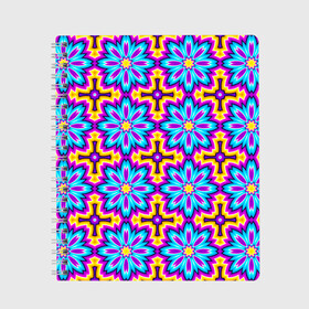 Тетрадь с принтом Синие цветы на желтом фоне (иллюзия расширения) в Санкт-Петербурге, 100% бумага | 48 листов, плотность листов — 60 г/м2, плотность картонной обложки — 250 г/м2. Листы скреплены сбоку удобной пружинной спиралью. Уголки страниц и обложки скругленные. Цвет линий — светло-серый
 | Тематика изображения на принте: абстракция | аум | галлюцинация | зазеркалье | игра ума | иллюзии | индиго | майя | мантра | медитация | мираж | неон | нирвана | обман зрения | ом | оптические иллюзии | просветление | психоделика